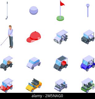 Set icone golf cart. Set isometrico di icone vettoriali di golf cart per web design isolato su sfondo bianco Illustrazione Vettoriale