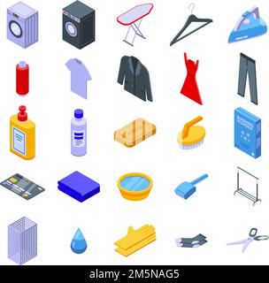 Set di icone per lavaggio a secco. Set isometrico di icone vettoriali per pulizia a secco per il web design isolato su sfondo bianco Illustrazione Vettoriale