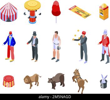 Icone Circus impostate. Set isometrico di icone vettoriali circensi per web design isolato su sfondo bianco Illustrazione Vettoriale
