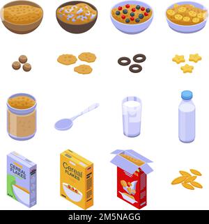 Set di icone di fiocchi di cereali. Set isometrico di icone vettoriali in fiocchi di cereali per disegno web isolato su sfondo bianco Illustrazione Vettoriale