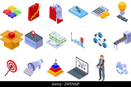 Set di icone marketing mix. Insieme isometrico di icone vettoriali di marketing mix per web design isolato su sfondo bianco Illustrazione Vettoriale