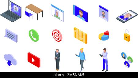 Icone delle riunioni online impostate. Set isometrico di icone vettoriali per incontri online per web design isolato su sfondo bianco Illustrazione Vettoriale
