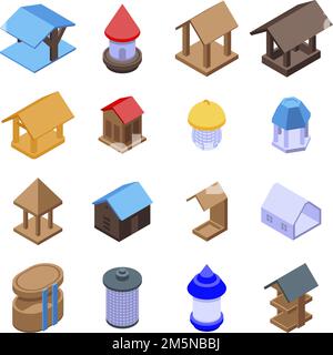 Icone degli alimentatori di uccelli impostate. Set isometrico di icone vettoriali di alimentatori di uccelli per il web design isolato su sfondo bianco Illustrazione Vettoriale