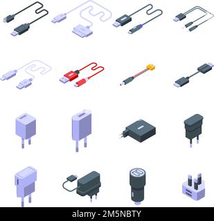 Icone del caricabatteria impostate. Set isometrico di icone vettoriali del caricatore per il web design isolato su sfondo bianco Illustrazione Vettoriale