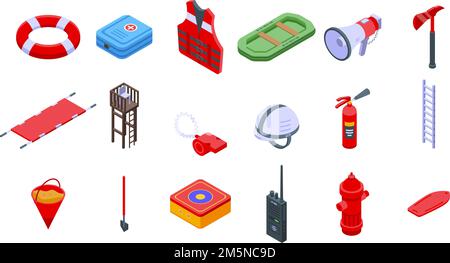 Set di icone del soccorritore. Insieme isometrico di icone vettoriali di salvataggio per il web design isolato su sfondo bianco Illustrazione Vettoriale