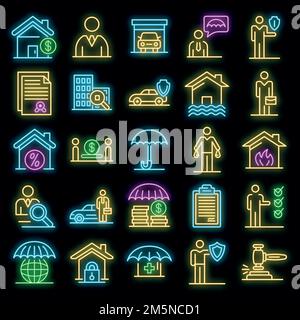 Set di icone agente assicurativo. Contorno insieme di icone vettore agente assicurativo colore neon su nero Illustrazione Vettoriale