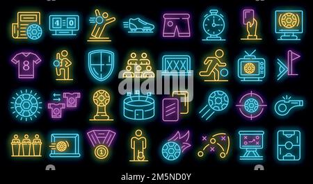 Set di icone calcio. Contorno insieme di icone vettoriali calcio colore neon su nero Illustrazione Vettoriale
