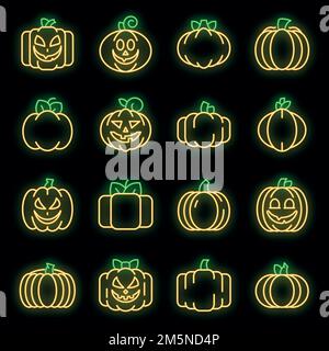 Set di icone di zucca. Contorno insieme di icone vettoriali di zucca colore neon su nero Illustrazione Vettoriale