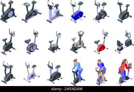Icone cyclette impostate. Set isometrico di icone vettoriali per bici da ginnastica per web design isolato su sfondo bianco Illustrazione Vettoriale