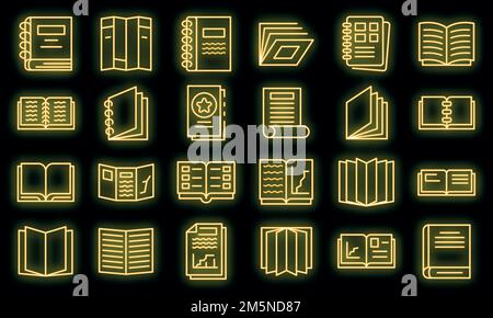 Set di icone del catalogo. Contorno insieme di icone vettoriali catalogo colore neon su nero Illustrazione Vettoriale