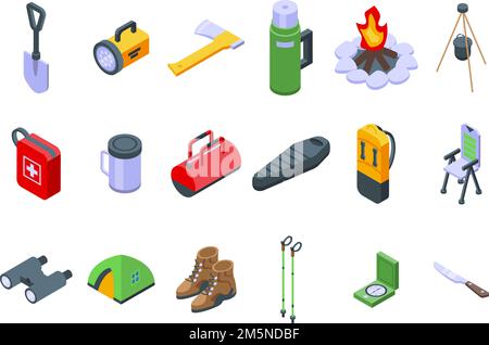 Attrezzatura per le icone di escursione. Set isometrico di attrezzature per icone vettoriali di escursione per web design isolato su sfondo bianco Illustrazione Vettoriale