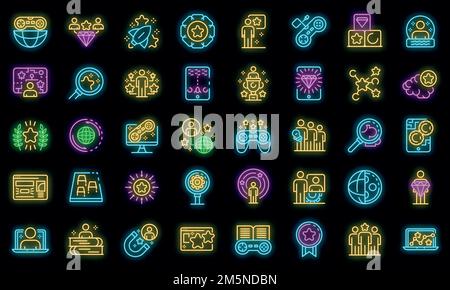 Set di icone di gamification. Contorno insieme di icone vettoriali di gamification colore neon su nero Illustrazione Vettoriale