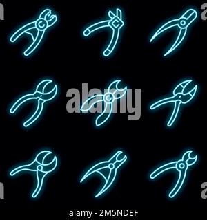 Set di icone del forcipe. Contorno insieme di icone vettoriali del forcipe colore neon su nero Illustrazione Vettoriale