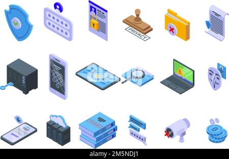 Icone di privacy impostate. Insieme isometrico di icone vettoriali per la privacy per il web design isolato su sfondo bianco Illustrazione Vettoriale
