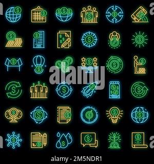 Set di icone della piattaforma di crowdfunding. Contorno insieme di icone vettoriali della piattaforma di crowdfunding colore neon su nero Illustrazione Vettoriale