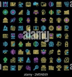 Set di icone universitarie. Contorno insieme di icone vettoriali universitarie colore neon nero Illustrazione Vettoriale