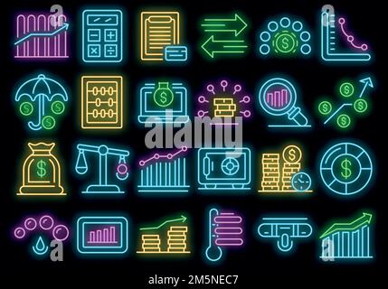 Set di icone del punteggio di credito. Contorno insieme di icone vettoriali del punteggio di credito colore neon su nero Illustrazione Vettoriale