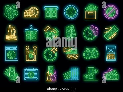 Set di icone per il riciclaggio di denaro. Contorno insieme di icone vettoriali per riciclaggio di denaro colore neon su nero Illustrazione Vettoriale