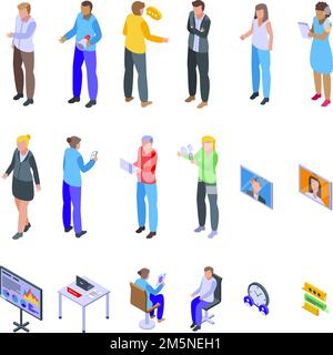 Icone di riunione impostate. Insieme isometrico di icone vettoriali di riunione per il web design isolato su sfondo bianco Illustrazione Vettoriale