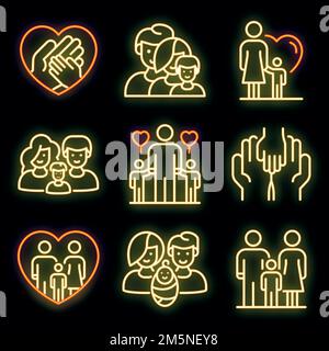 Set di icone della famiglia Foster. Contorno insieme di icone vettoriali della famiglia Foster colore neon su nero Illustrazione Vettoriale