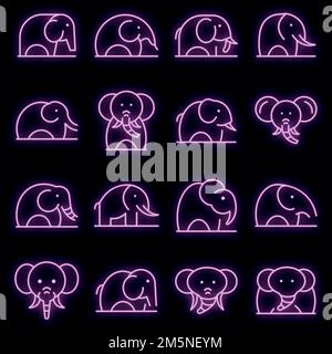 Set di icone elefanti. Contorno insieme di icone vettoriali elefanti colore neon su nero Illustrazione Vettoriale
