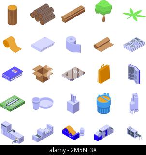 Set di icone di produzione della carta. Insieme isometrico di icone vettoriali per la produzione di carta per il web design isolato su sfondo bianco Illustrazione Vettoriale