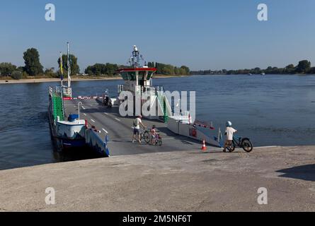 Traghetto sul Reno ad acqua estremamente bassa nell'agosto 2022, livello dell'acqua 37 cm, Duesseldorf-Kaiserswerth, basso Reno, Nord Reno-Westfalia, Germania Foto Stock