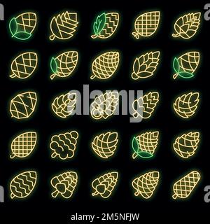 Set icone cono pino. Contorno insieme di icone vettoriali di cono di pino di colore neoncolor su nero Illustrazione Vettoriale