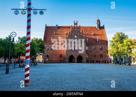 Maypole di fronte al municipio di Jueterbog, Brandeburgo, Germania Foto Stock