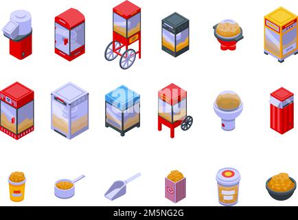 Set di icone della macchina per la produzione di popcorn. Set isometrico di icone vettoriali macchina popcorn maker per il web design isolato su sfondo bianco Illustrazione Vettoriale