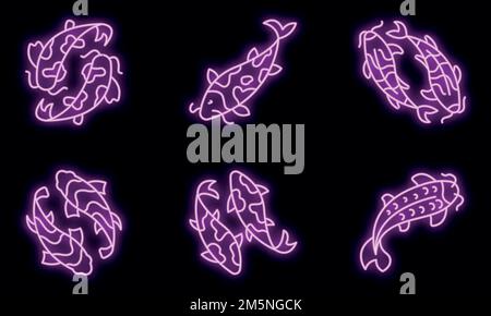 Set di icone Koi carp. Contorno insieme di icone vettoriali koi carp colore neon su nero Illustrazione Vettoriale