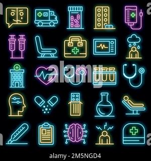 Set di icone mentali dell'ospedale. Contorno insieme di icone vettoriali mentali dell'ospedale colore neon su nero Illustrazione Vettoriale