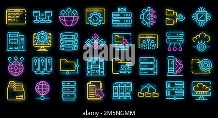 Set di icone del data center. Contorno insieme di icone vettoriali del centro dati di colore neon nero Illustrazione Vettoriale
