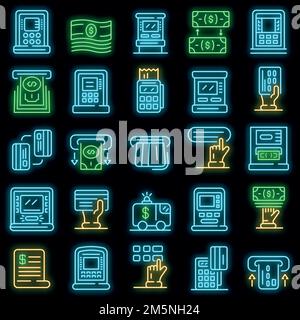 Set di icone della macchina ATM. Contorno insieme di icone vettoriali di macchine atm colore neon su nero Illustrazione Vettoriale