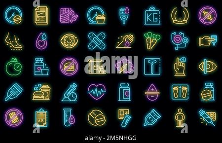 Set di icone per il diabete. Contorno insieme di icone vettore diabete colore neon su nero Illustrazione Vettoriale