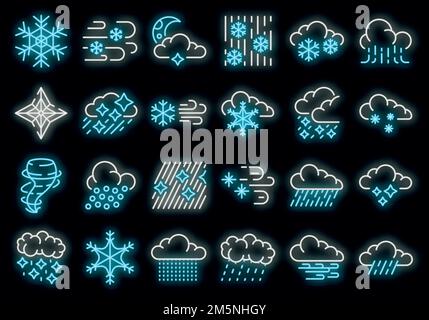 Icone Blizzard impostate. Contorno insieme di icone vettoriali di colore neon su nero Illustrazione Vettoriale