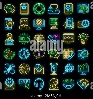 Icone del centro di assistenza impostate. Contorno insieme di icone vettoriali del centro di assistenza colore neon su nero Illustrazione Vettoriale