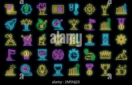 Set di icone per il raggiungimento degli obiettivi. Contorno insieme di icone vettoriali obiettivo raggiunto colore neon su nero Illustrazione Vettoriale