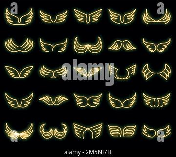 Icone delle ali impostate. Contorno insieme di icone vettoriali ali colore neon su nero Illustrazione Vettoriale