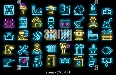 Set di icone di riparazione. Contorno insieme di icone vettoriali repairman colore neon su nero Illustrazione Vettoriale