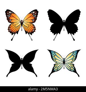 Orange, Yellow, Blue and Black Butterflies isolated on a White Background Foto Stock