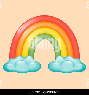 Cartone animato arcobaleno luminoso con le nuvole. Coloratissimo arcobaleno con nuvole 3D. Il concetto di arredamento delle pareti per bambini. Illustrazione vettoriale. Illustrazione Vettoriale