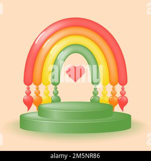 Podio decorativo colorato con un grazioso arcobaleno per la pubblicità di prodotti per bambini. Concetto di promozione del prodotto. Illustrazione vettoriale. Illustrazione Vettoriale