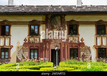 Pilatus House con Lueftlmalerei, Oberammergau, alta Baviera, Baviera, Germania Foto Stock