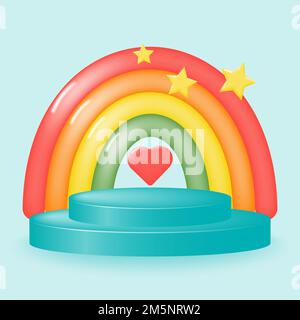 Podio colorato con arcobaleno, stelle e cuore per la promozione del prodotto. Arredamento festivo per la pubblicità di beni per i bambini. Illustrazione vettoriale. Illustrazione Vettoriale