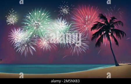 Spettacolo di fuochi d'artificio sulla spiaggia tropicale - illustrazione digitale Foto Stock