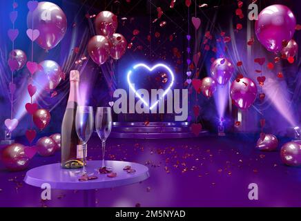 Sfondo romantico di San Valentino con bottiglia di champagne, due bicchieri di champagne, palloncini rossi festosi, cuori di San Valentino, petali di fiori di rosa rossi e l Foto Stock