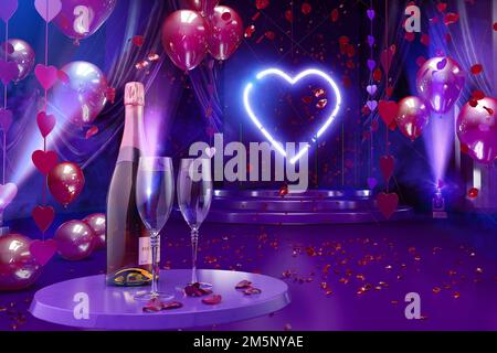 Sfondo romantico di San Valentino con bottiglia di champagne, due bicchieri di champagne, palloncini rossi festosi, cuori di San Valentino, petali di fiori di rosa rossi e l Foto Stock