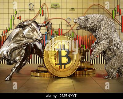 toro d'argento e orso in piedi vicino alle criptovalute Bitcoin generico. Grafici di scorta in background. Illustrazione 3D. Foto Stock