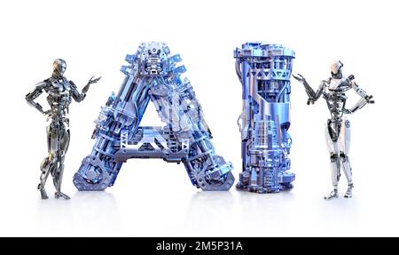 Cyborg robot android in piedi vicino a lettere ai isolato. Intelligenza artificiale, automazione, tecnologia robotica, apprendimento futuristico al computer concep Foto Stock